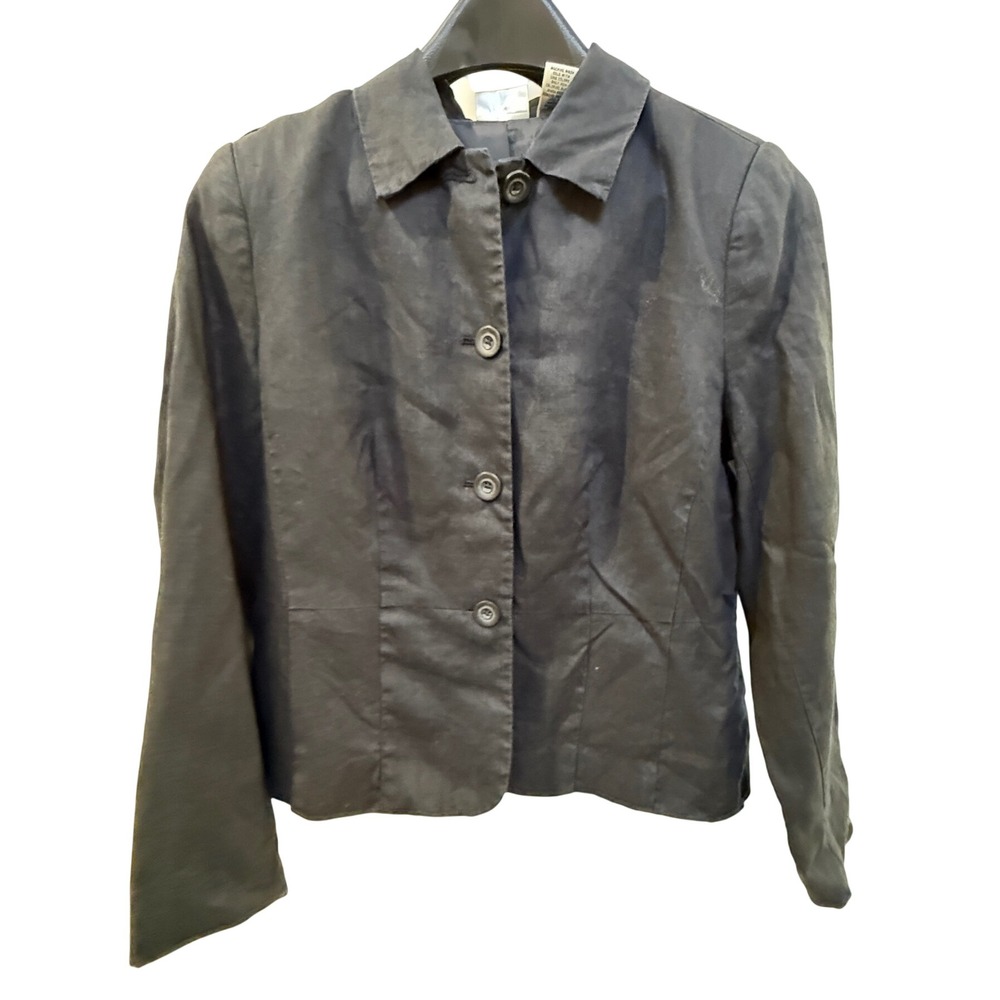Kim Rogers Signature Linen Jacket Womens 8P Black Button Up Collared Blazer
